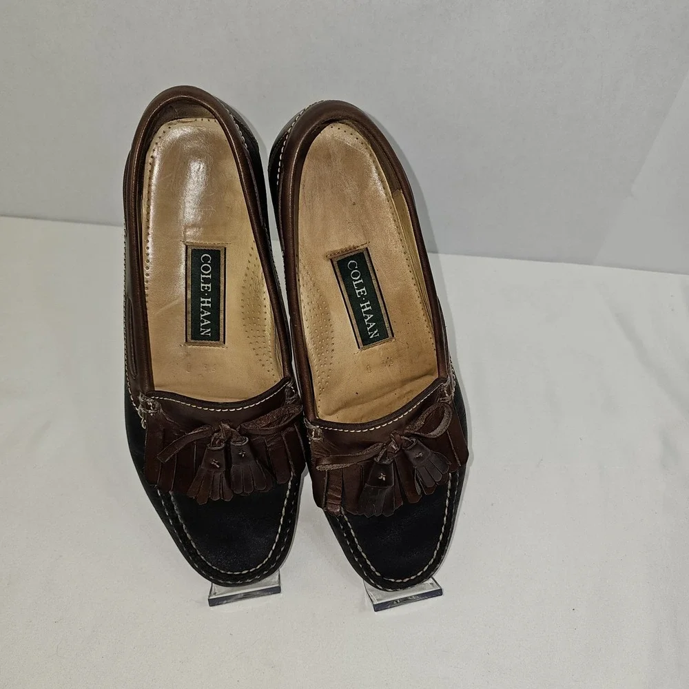 Cole Haan Loafers Mens 9.5D Black Brown Leather Kiltie Tassel Mexico Vintage